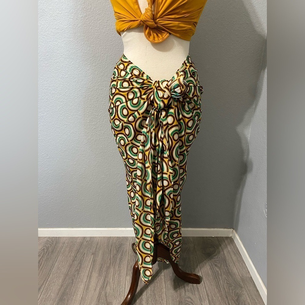 Zara Boho Sarong Skirt Size M Geometric Retro Circle Print Pareo Midi Multicolor - Picture 10 of 12